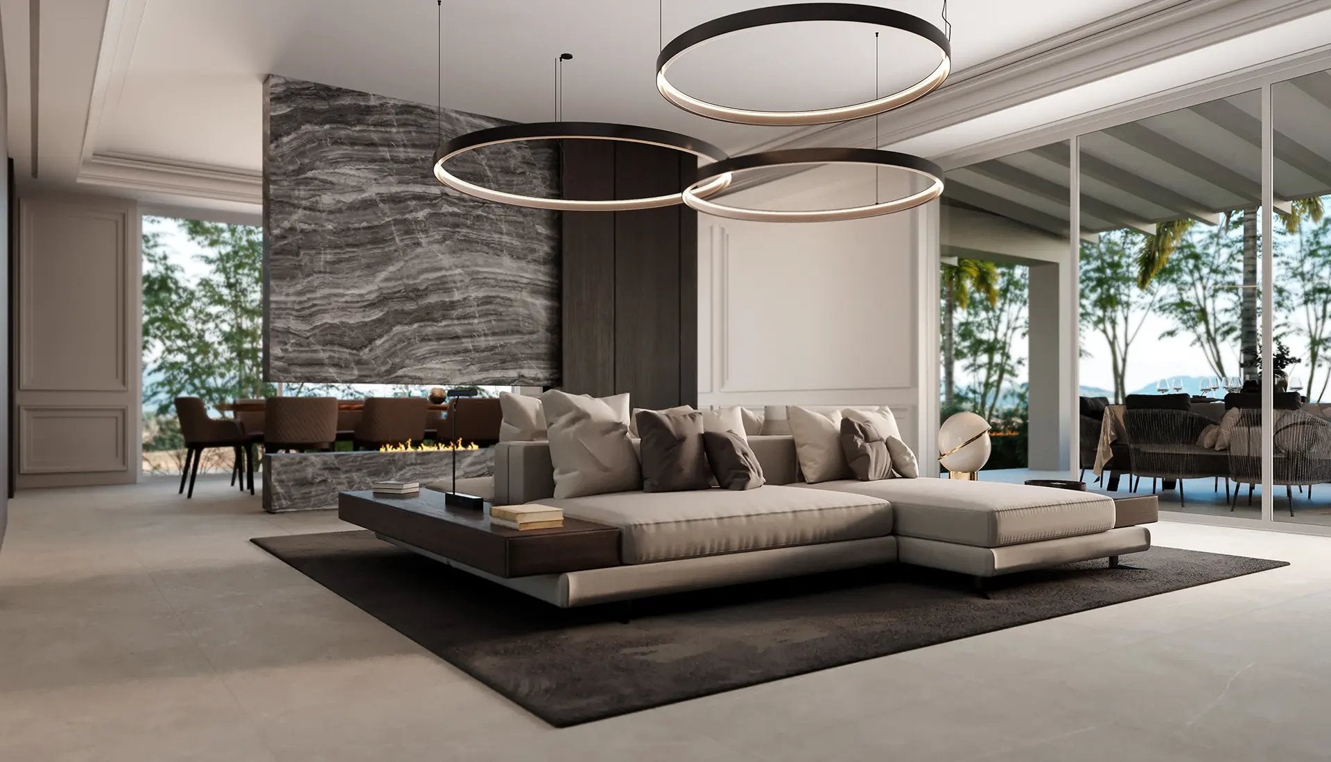 Modern living room featuring Anatolia Mjork porcelain tile collection with elegant marble design, showcasing stylish furniture and contemporary lighting fixtures