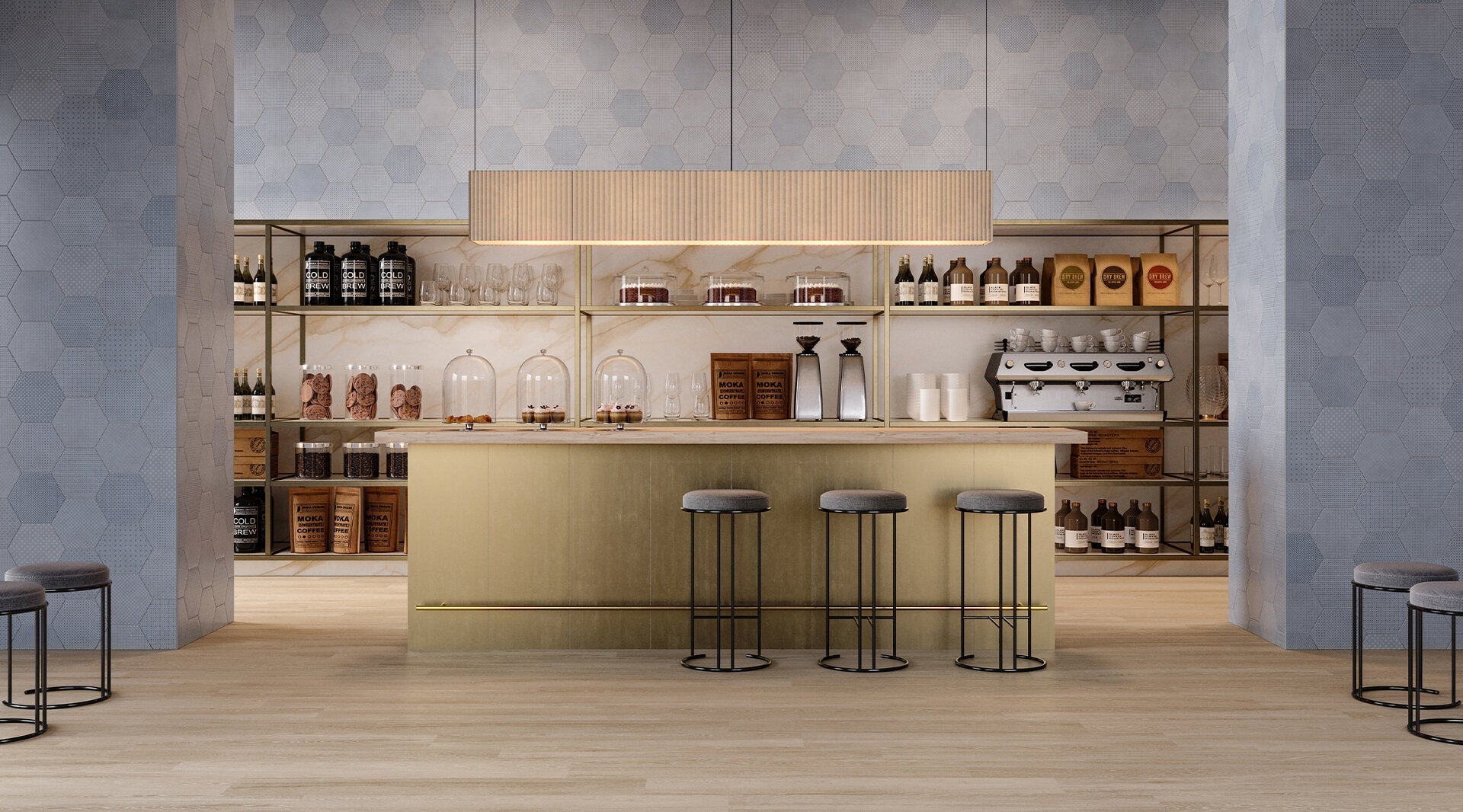 Modern kitchen with Anatolia Tapestri porcelain tile collection featuring geometric patterns on walls, stylish bar stools, and wooden shelves with decorative items.