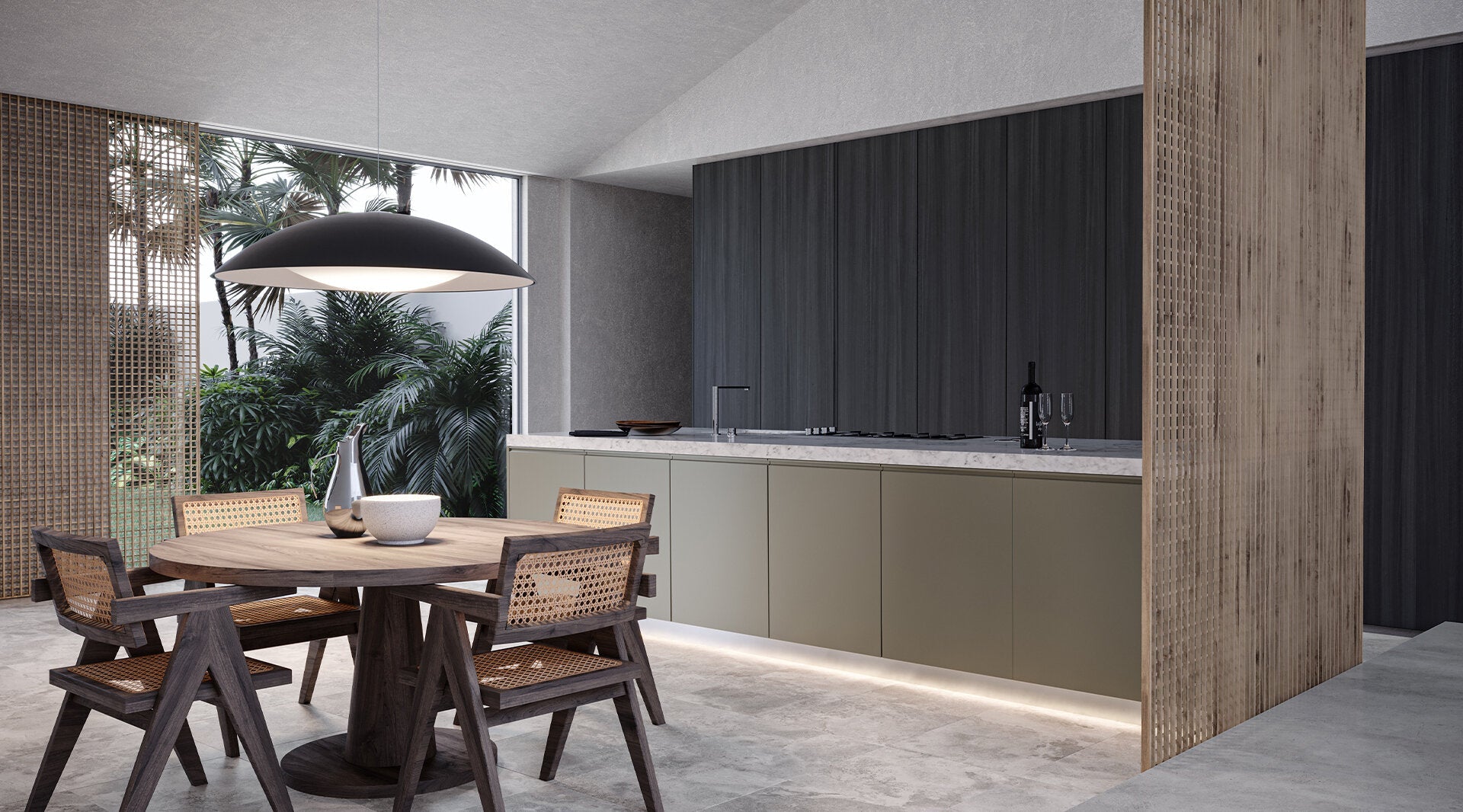 Modern minimalist kitchen with Anatolia Veneta porcelain tile collection, featuring elegant wood-look and textured wall tiles, stylish pendant lighting, and contemporary furniture.
