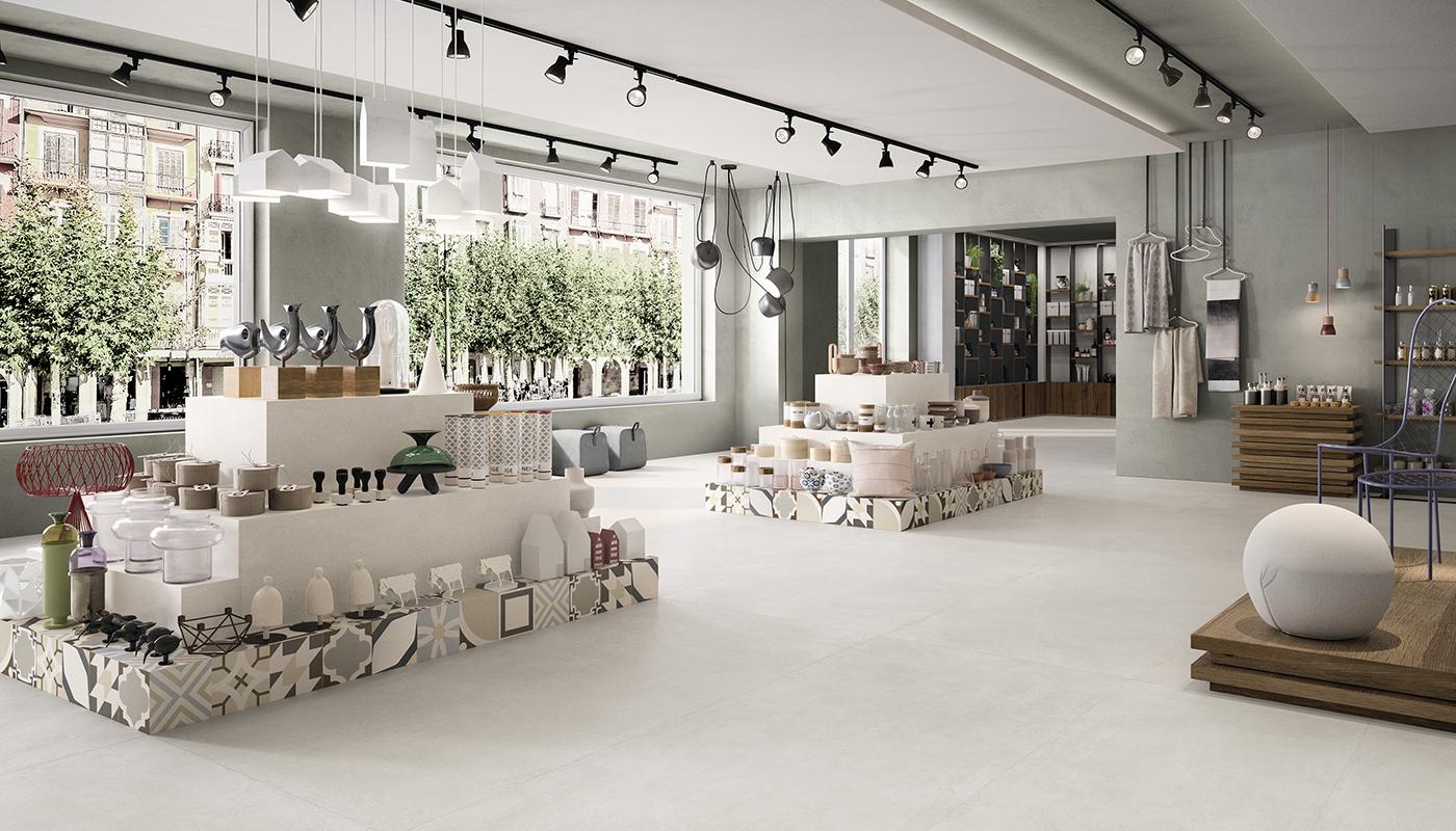Modern interior design with Be Square Italian porcelain tile flooring by Emilceramica in a stylish boutique