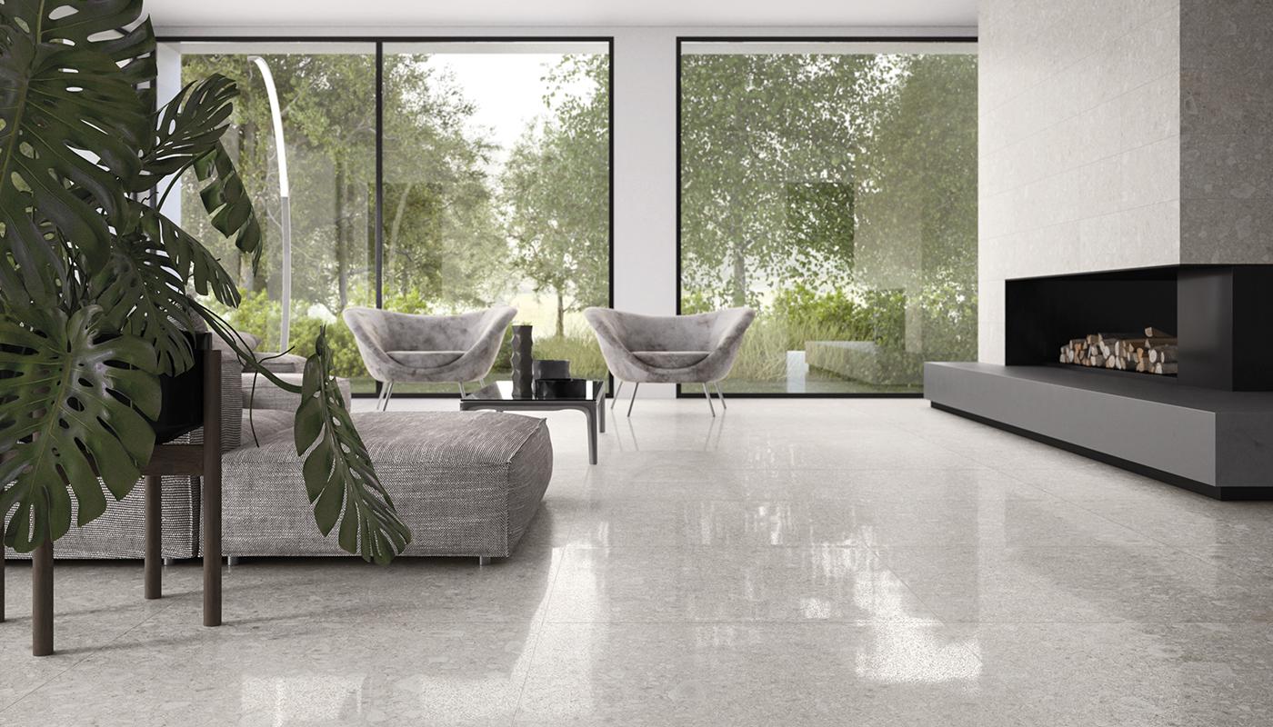 italian porcelain stone looking tile interior from Lombarda collection produced by Emil and distributed by Surface Group international