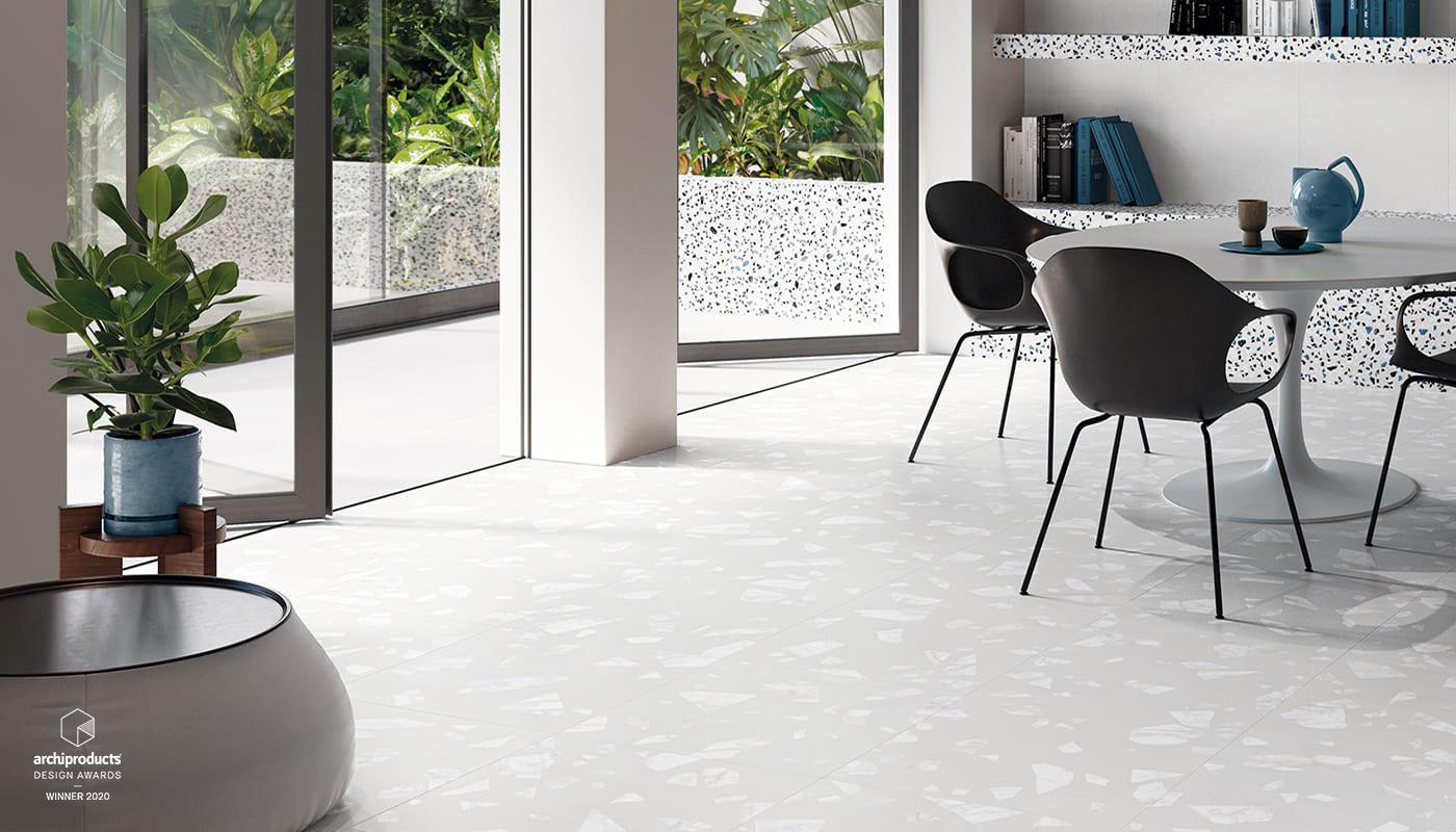 italian porcelain terazzo looking tile interior from Medley collection produced by Emil and distributed by Surface Group international