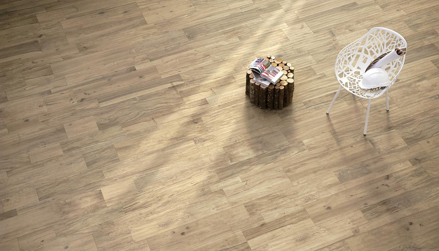 Emil Ergon Wood Talk Italian porcelain tile collection displayed in a high-end interior with natural wood look and modern furniture.