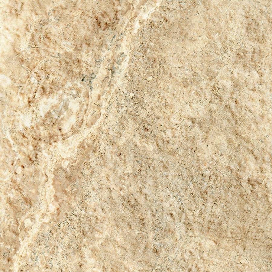 Close-up view of beige porcelain tile with travertine cross-cut texture.