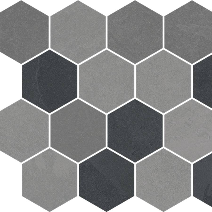 Hexagon porcelain tile in varying shades of gray for modern flooring and wall design.