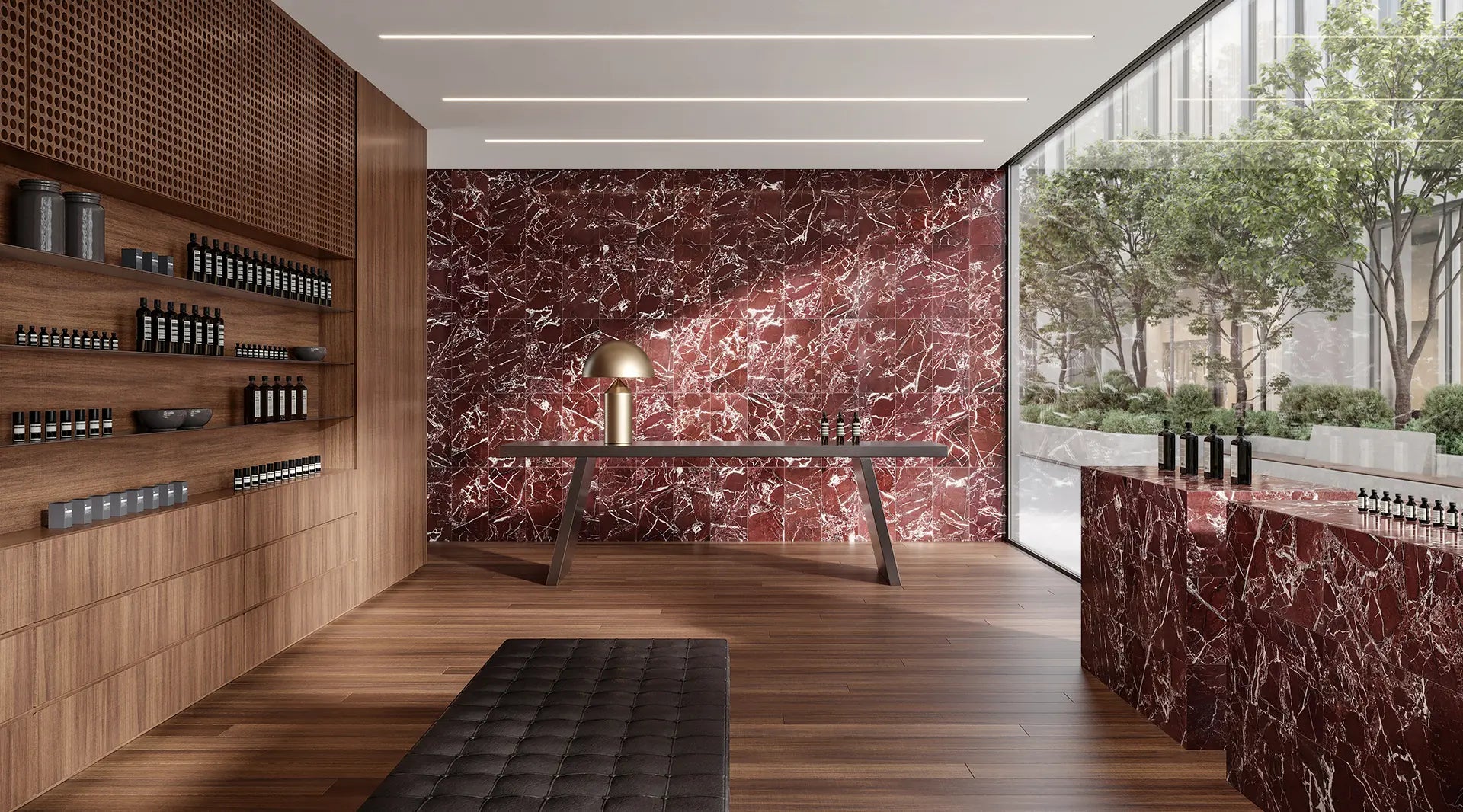 store interior with tuscano rosso red marble wall and counter