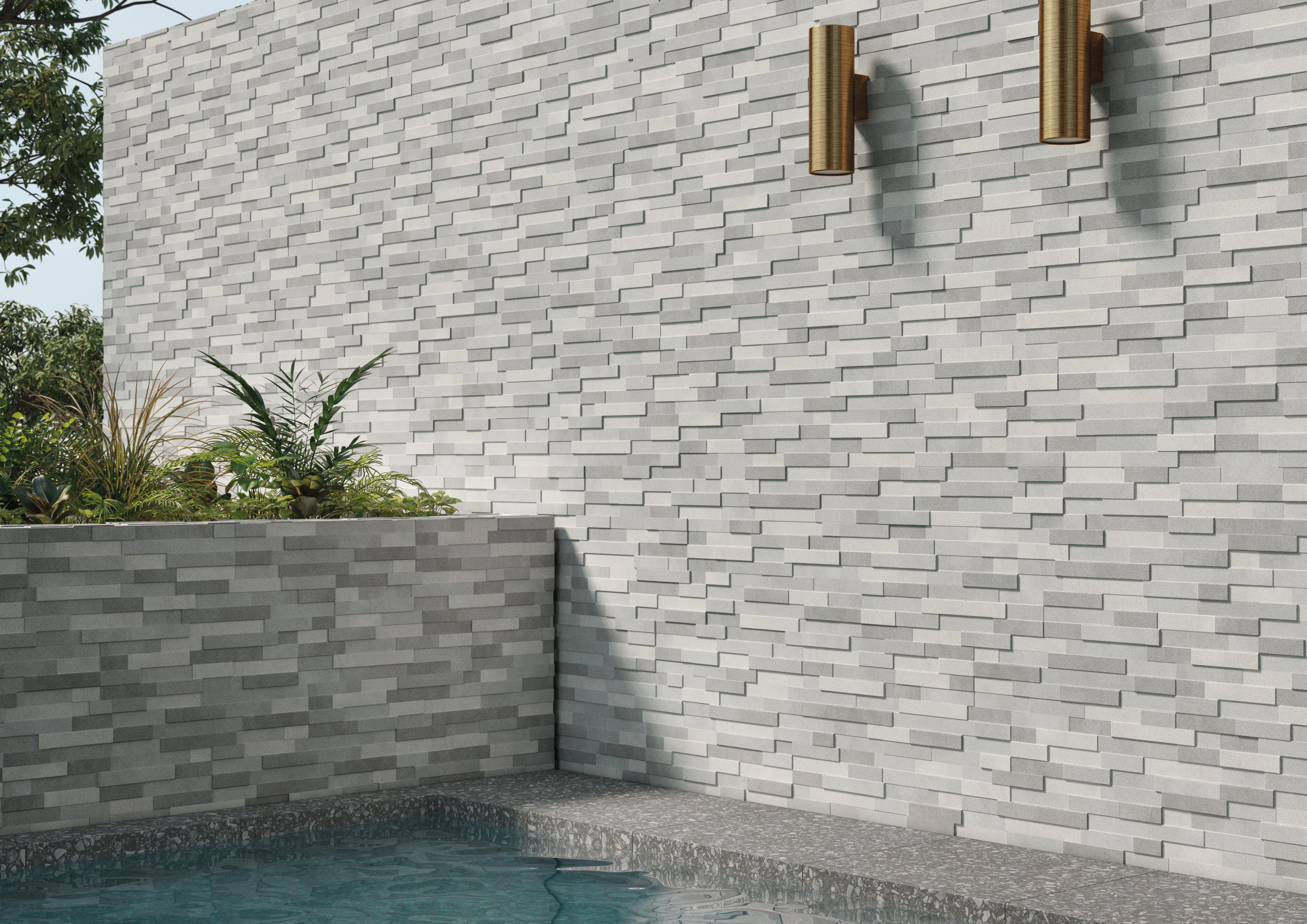 Porcelain tile collection from Surface Group featuring modern urban style in shades of gray for contemporary wall and pool design.