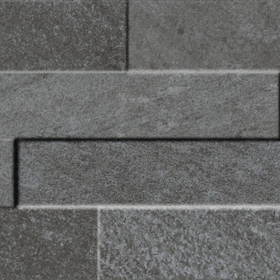 Porcelain ledgestone tile in varying shades of gray with a textured finish.