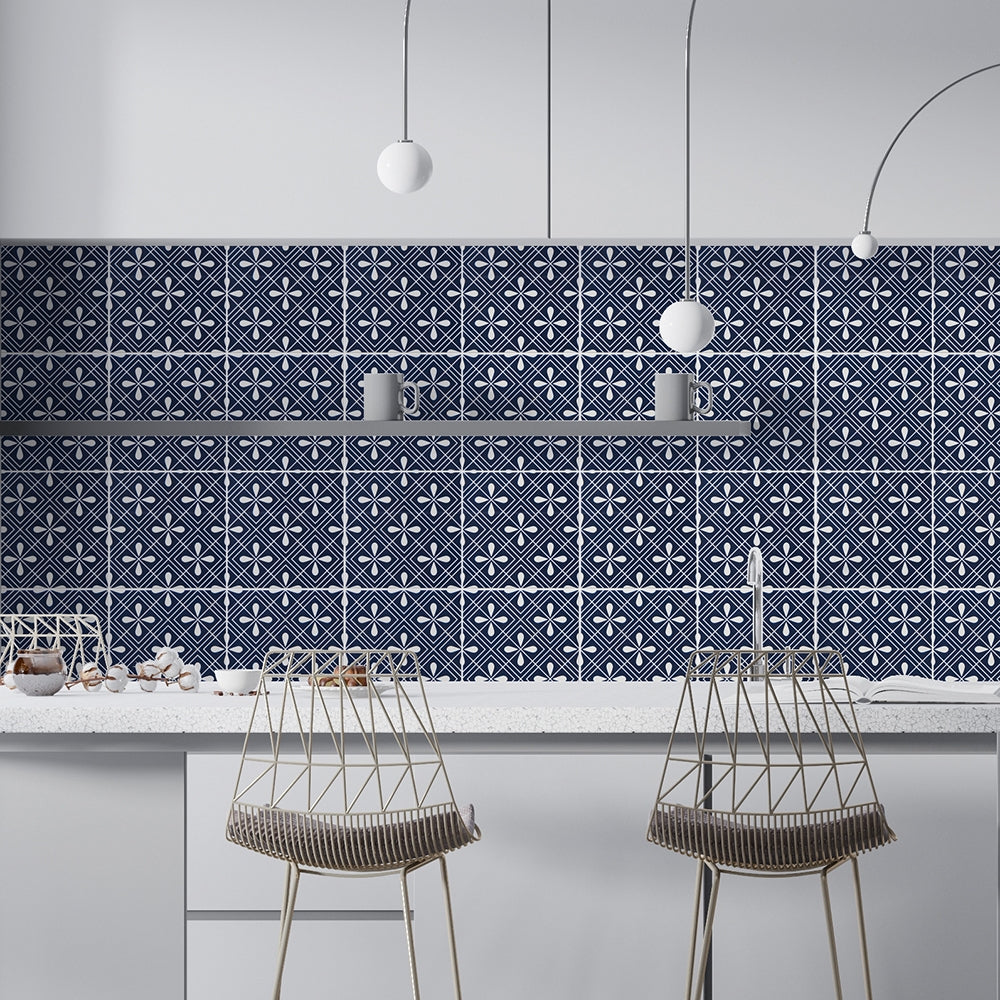 Striking kitchen backsplash with the Wagara Ceramic Tile Collection by Marble Systems, featuring bold blue patterns for a touch of Japanese-inspired elegance.