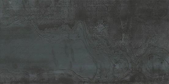 Aged steel-look porcelain tile with hammered texture and oxidized patina, exuding rugged industrial elegance. Matte black surface, subtly weathered for raw urban sophistication.