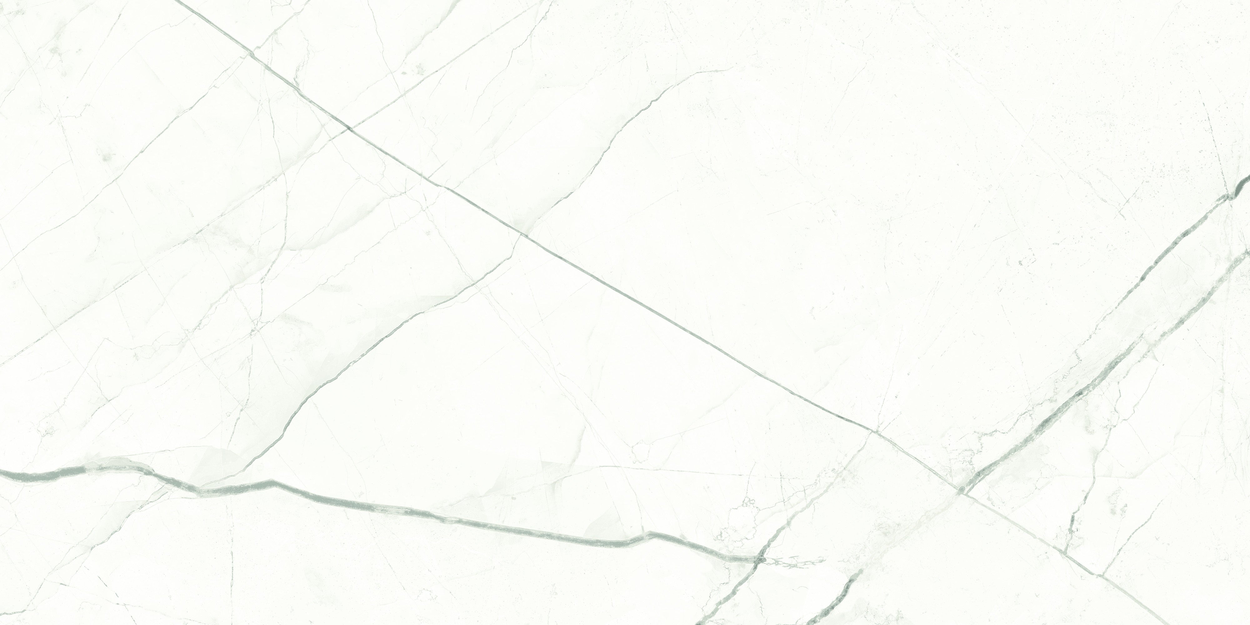 Polished porcelain tile with Calacatta marble veining, elegant white surface, refined angular movement, timeless luxury for floors and walls.