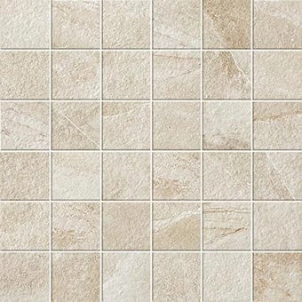 Rustic limestone-look porcelain mosaic in warm ivory, with matte texture and interlocking squares for organic-modern elegance.