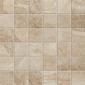 Rustic limestone-look porcelain mosaic with warm beige tones and matte texture, evoking organic elegance and relaxed sophistication.