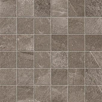 Rustic limestone-inspired porcelain mosaic in warm anthracite, matte interlocking squares with natural veining and textured elegance.