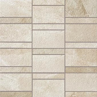 Ivory limestone-look porcelain mosaic with rustic texture and warm beige tones, arranged in stacked vertical rows for organic elegance.