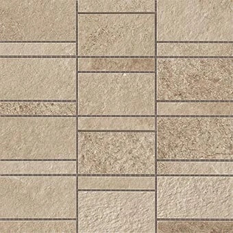 Rustic limestone-inspired porcelain mosaic with warm beige tones, matte texture, and organic stacked rectangles for natural elegance.