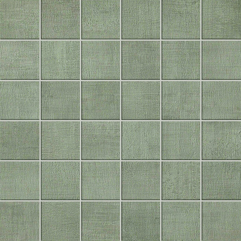 Soft gray linen-textured porcelain mosaic tiles with a timeworn matte finish and subtle straight-stack pattern.