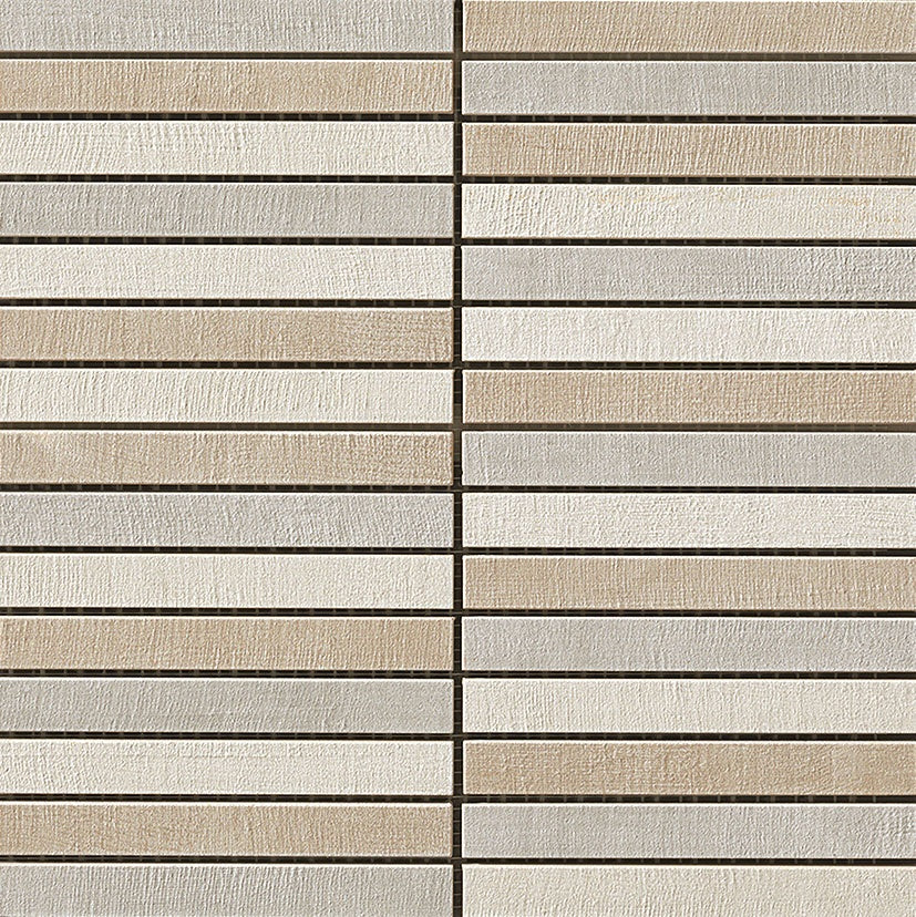 Timeworn linen-look porcelain mosaic in soft sand, textured matte finish with delicate interlocking rectangles for warm, tactile elegance.