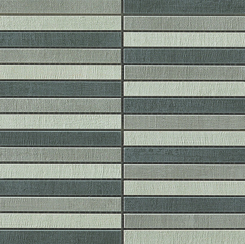 Softly textured porcelain mosaic tiles in a timeworn linen gray, arranged in an elegant straight-stack pattern with subtle tonal variations.