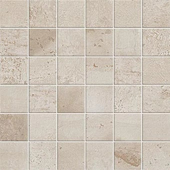 Weathered tin-look porcelain mosaic with hammered texture and industrial oxidation, exuding rugged urban elegance.