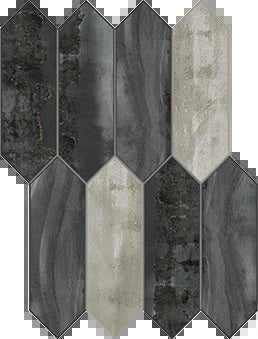 Black steel mosaic tiles with a weathered, hammered metal look, evoking industrial elegance and rugged authenticity.