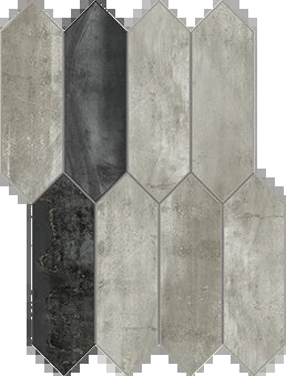 Hammered aluminum-look porcelain mosaic with weathered oxidation, industrial edge, and rugged matte texture in interlocking picket shapes.