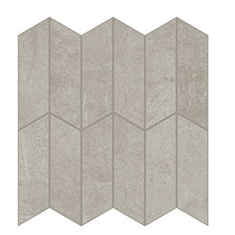 Matte gray chevron mosaic with artisanal concrete texture, soft reliefs, and refined neutral tones for serene modern spaces.