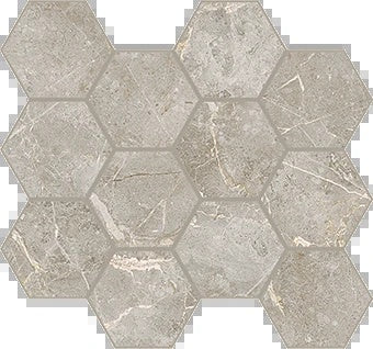 Hexagonal honeycomb mosaic in soft Franklin Gray marble-look porcelain, matte finish, exuding timeless elegance for refined interiors.