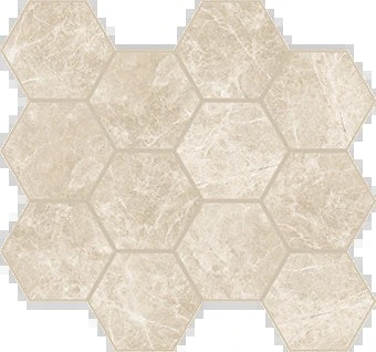 Matte honeycomb mosaic in warm Monument Cream marble-look porcelain, evoking timeless elegance for refined residential and commercial spaces.