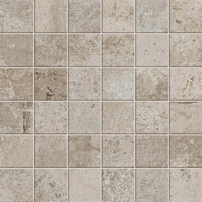 Matte brown interlocking mosaic tiles with urban concrete texture, subtle cracks, and refined grayscale variations for rugged elegance.