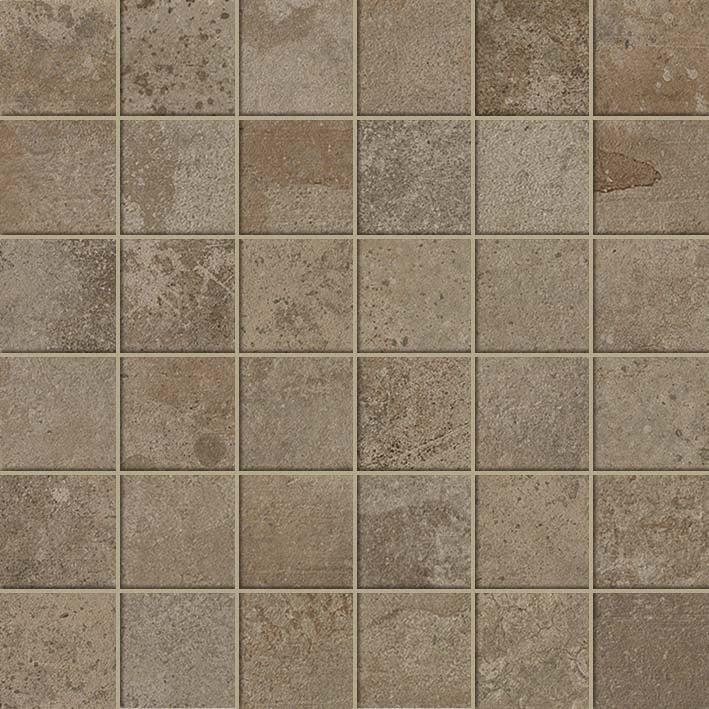 Matte brown porcelain mosaic with urban concrete texture, subtle cracks, and refined grayscale depth for rugged elegance.