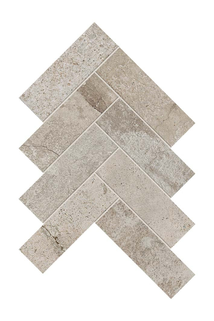 Urban-chic herringbone mosaic with rugged cement texture in matte brown, exuding refined industrial elegance for sophisticated interiors.