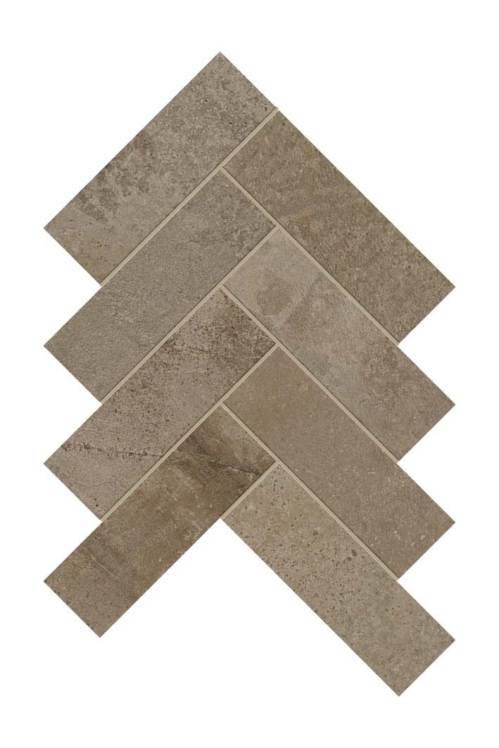 Herringbone mosaic in matte Portland brown with urban concrete texture, subtle cracks, and refined industrial elegance.