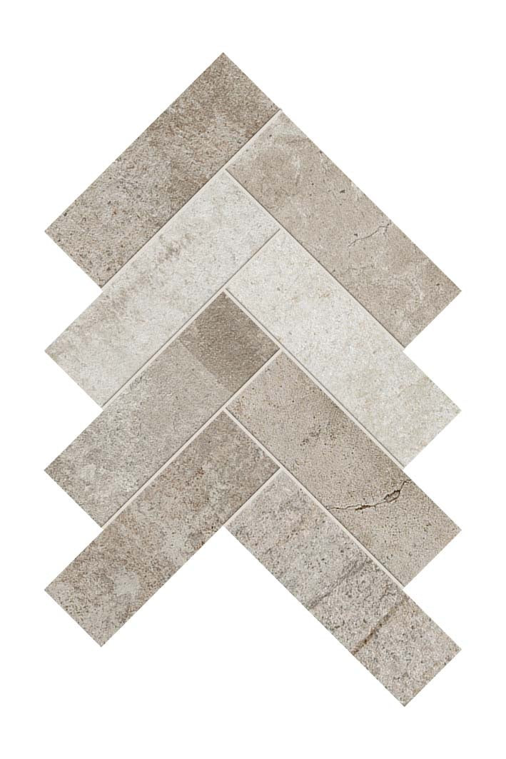 Matte brown herringbone mosaic with urban concrete texture, subtle cracks, and refined grayscale variations for rugged elegance.