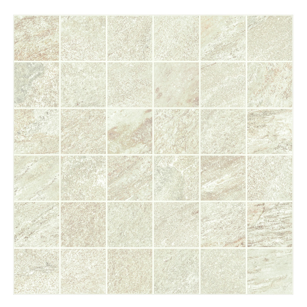 Matte ivory quartzite-look porcelain mosaic tiles with organic texture, radiating serene elegance and natural warmth in a straight-stack pattern.