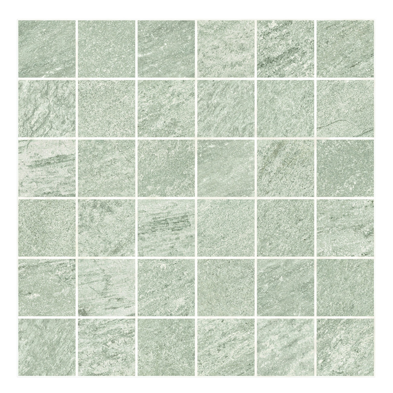 Matte silver-green quartzite mosaic tiles with organic texture, evoking serene harmony and refined natural elegance.
