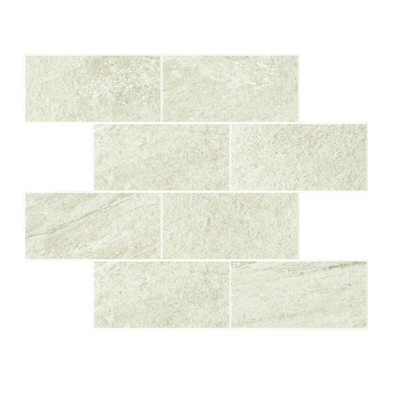 Matte ivory porcelain mosaic with organic quartzite texture, evoking serene natural elegance in staggered brick pattern.