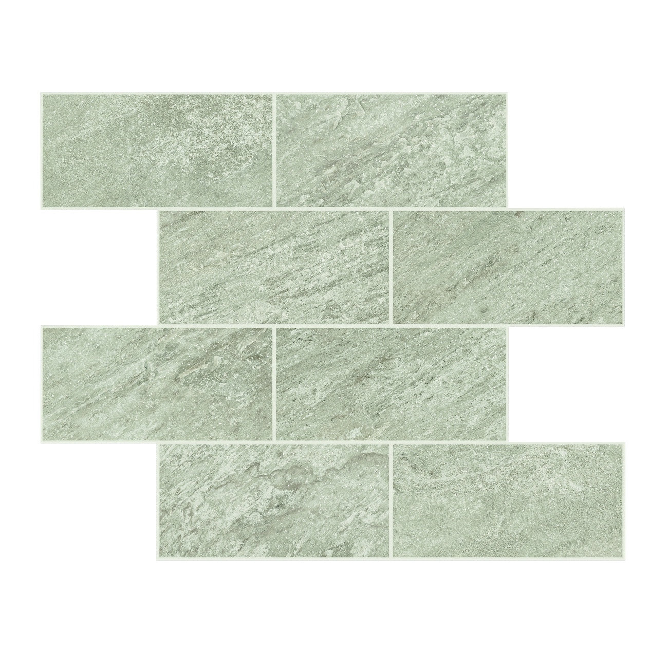 Matte silver-green quartzite-look porcelain mosaic tiles with organic texture and staggered brick pattern, exuding serene natural elegance.