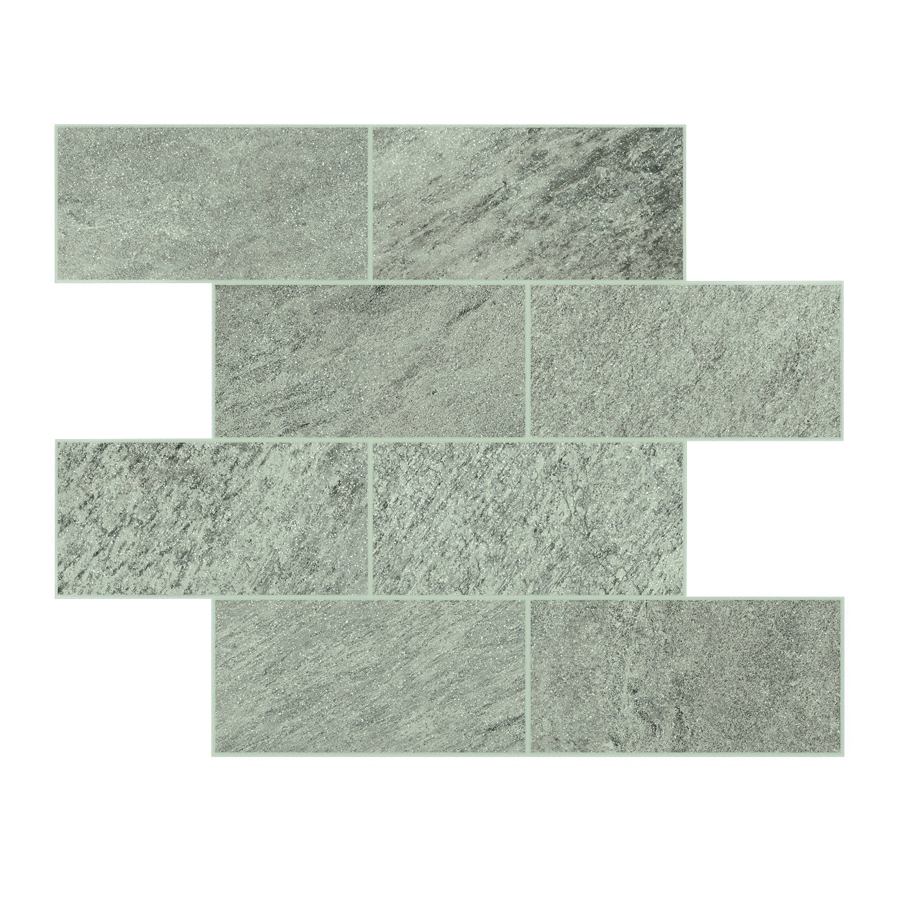 Matte gray quartzite-look porcelain mosaic with organic texture, evoking serene natural elegance in staggered brick pattern.