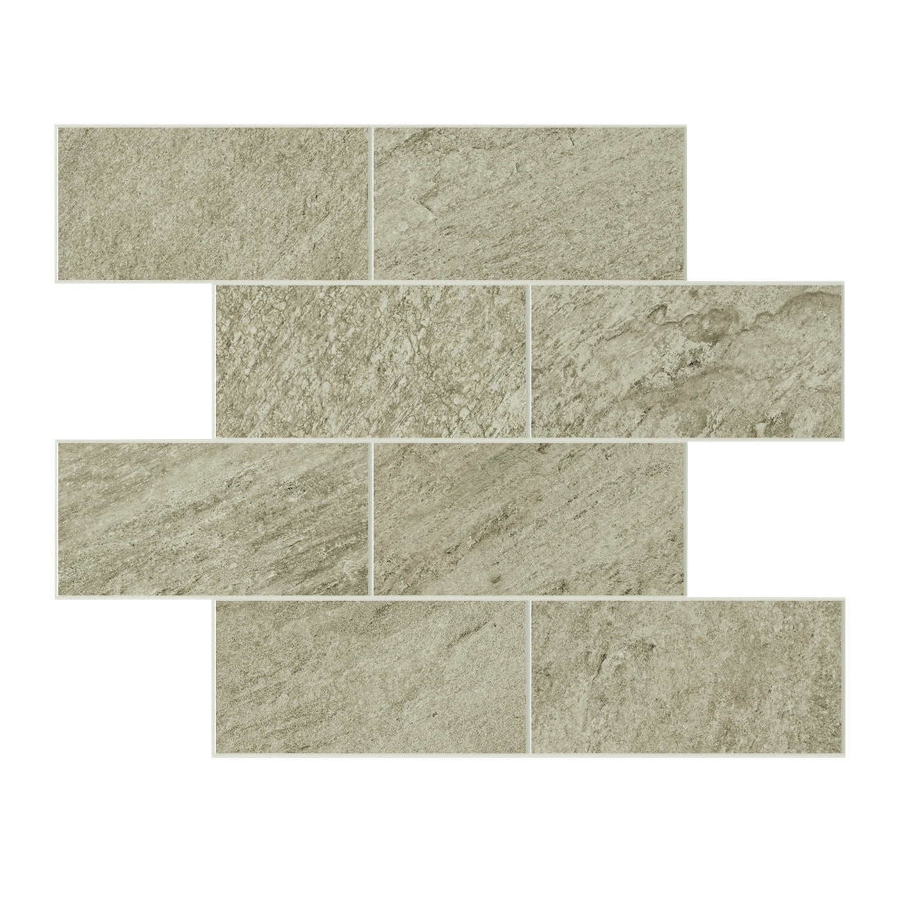 Matte brown quartzite-look porcelain mosaic with organic texture, evoking serene earthy warmth in staggered brick patterns.