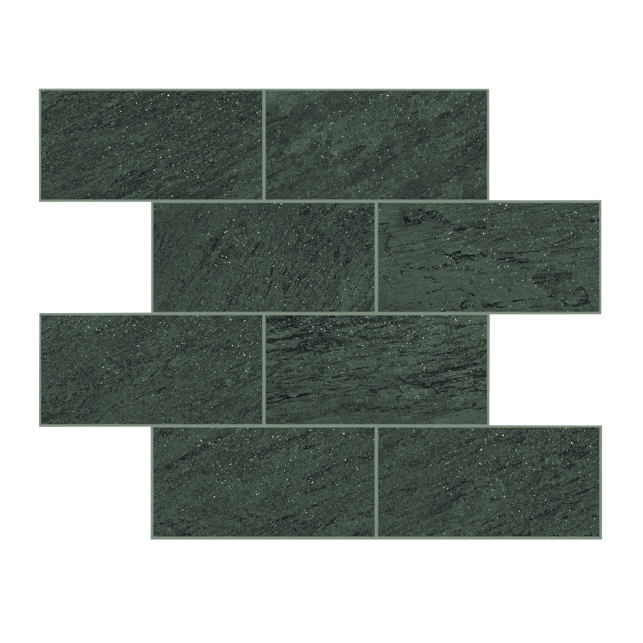 Matte green quartzite-look porcelain mosaic tiles with organic texture, staggered brick pattern, and earthy carbon tones for serene, biophilic elegance.