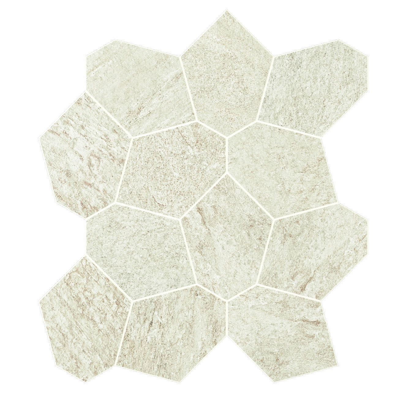Ivory quartzite-look porcelain mosaic with organic hexagon tiles in a serene, nature-inspired Turtle pattern, matte finish.