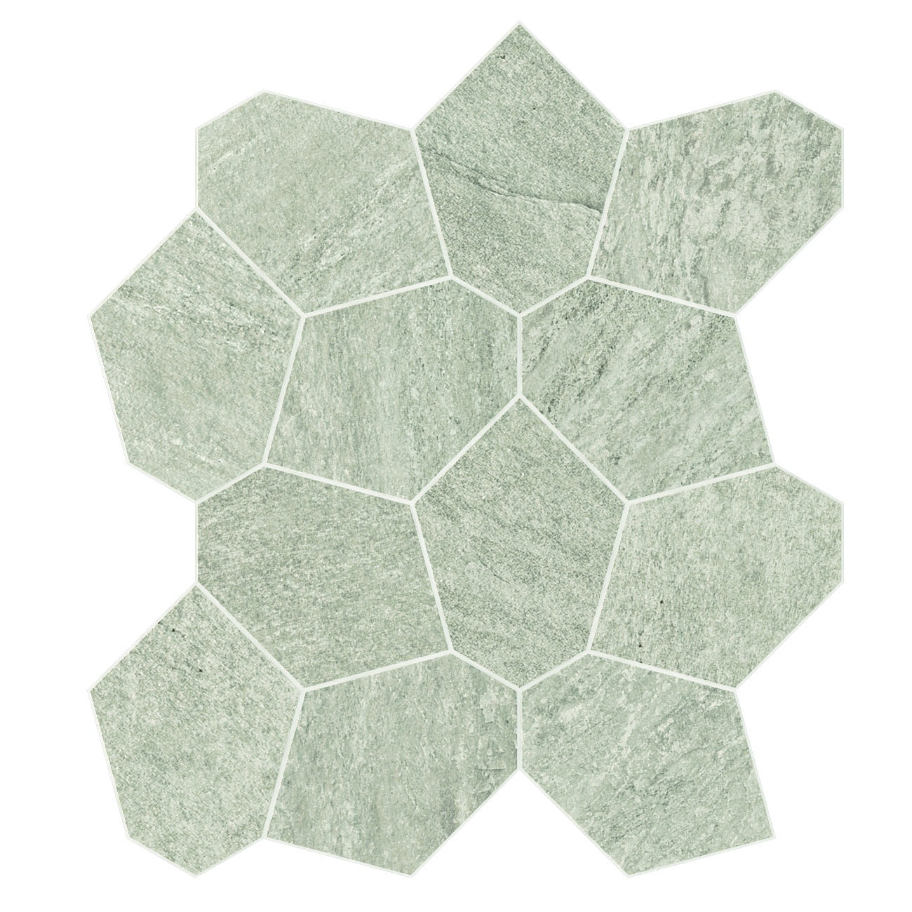 Matte green quartzite-inspired porcelain mosaic with organic hexagonal tiles in a serene, nature-connected geometric pattern.