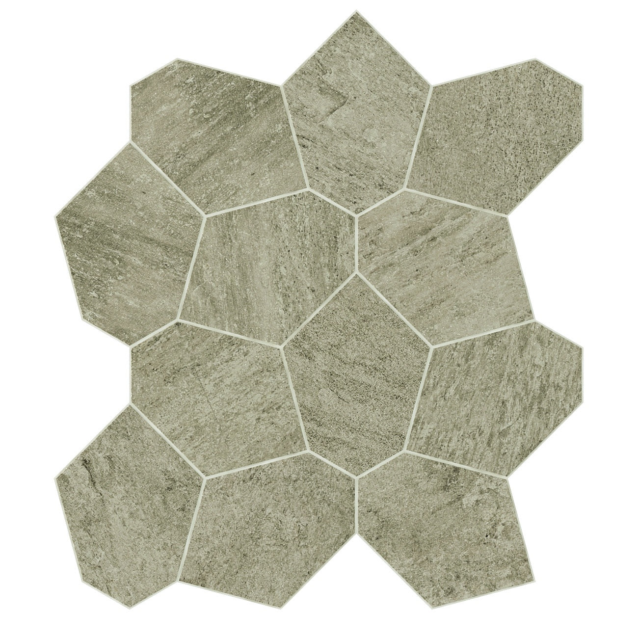 Matte brown quartzite-inspired porcelain mosaic with organic hexagonal tiles in an earthy, serene turtle pattern.