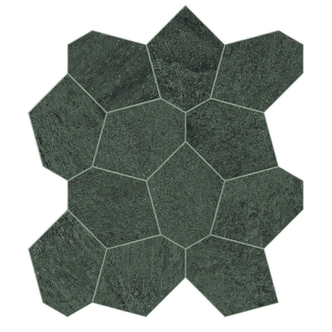 Matte green quartzite-inspired porcelain mosaic with organic hexagonal tiles, evoking serene natural elegance and timeless luxury.