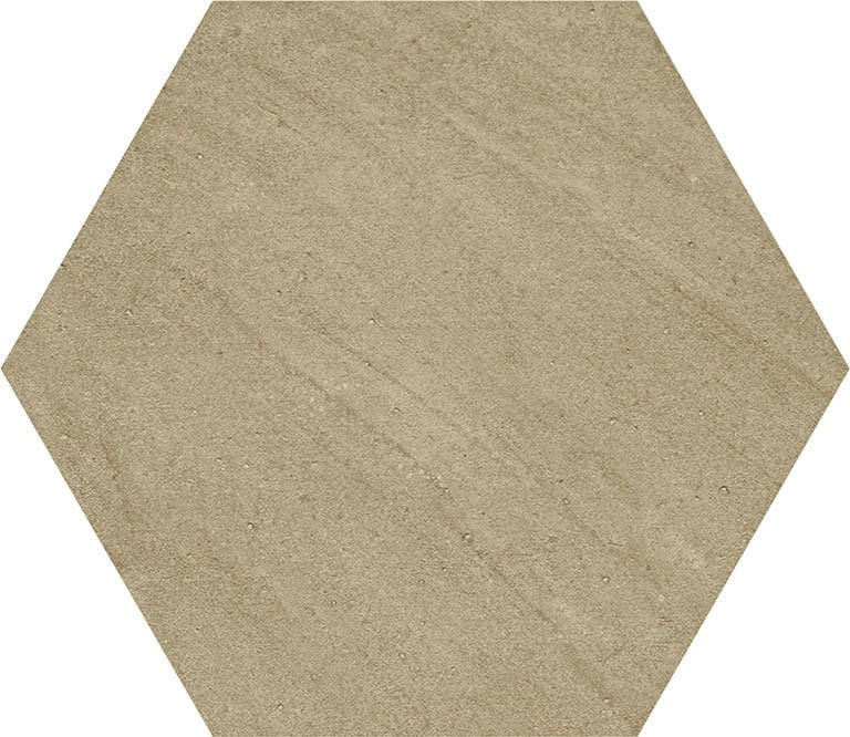 Handcrafted hexagonal porcelain tile in warm earthy brown with a matte finish, evoking organic Mediterranean charm and bohemian elegance.