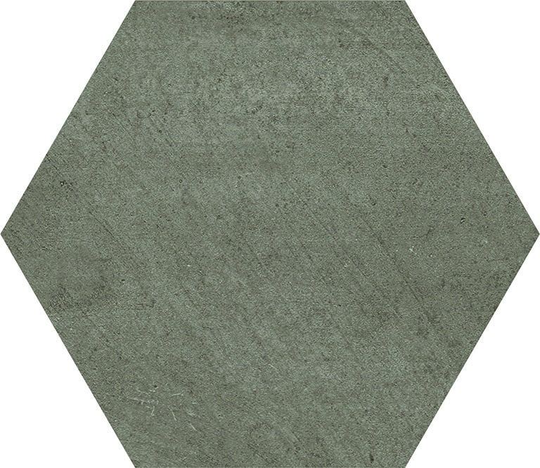 Hexagonal porcelain tile in soft smoke gray with a matte, earthy finish, evoking handcrafted Moroccan cotto and organic boho warmth.