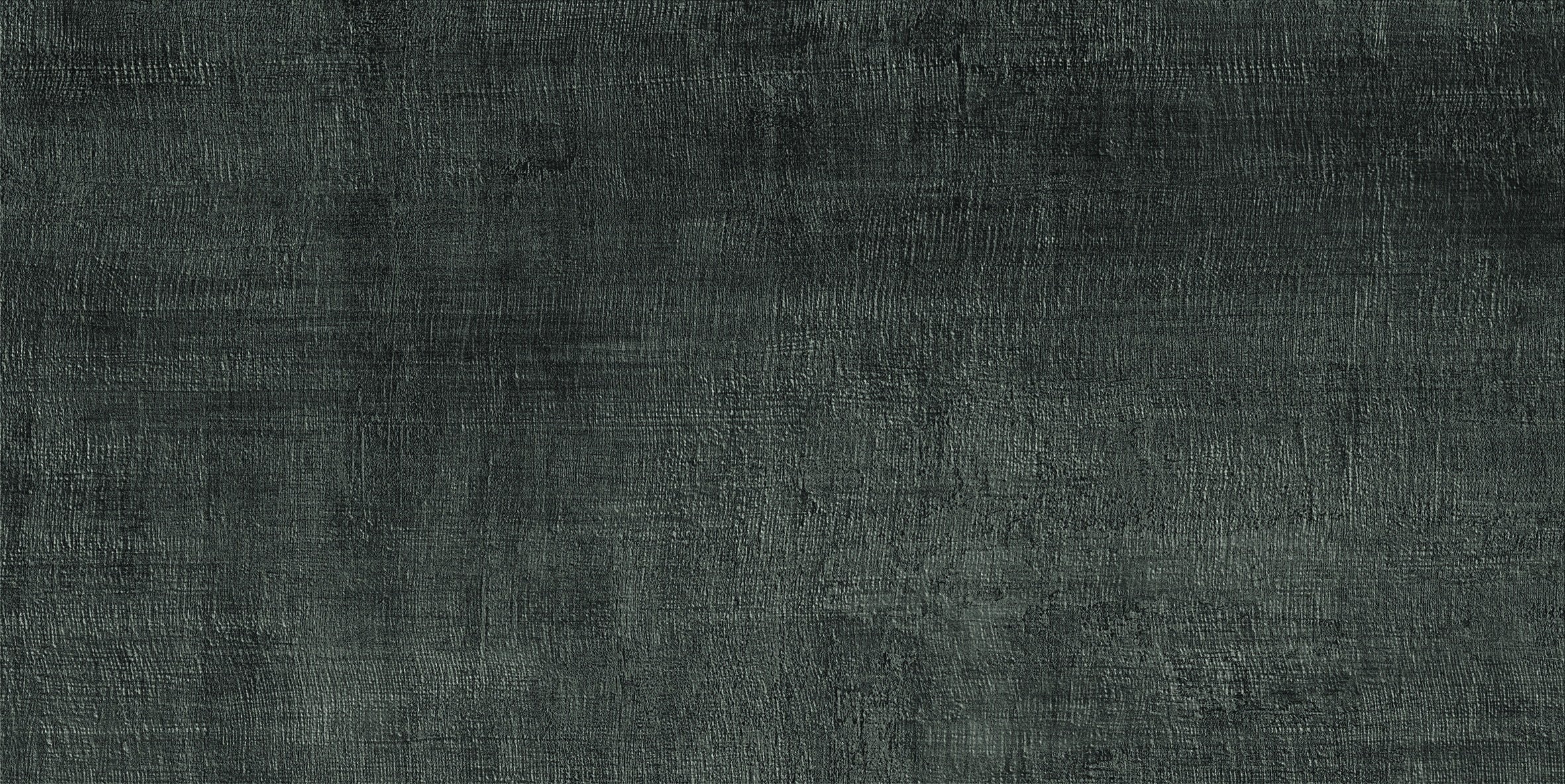 Black porcelain tile with a timeworn linen texture, matte finish, and subtle metallic depth for understated modern elegance.