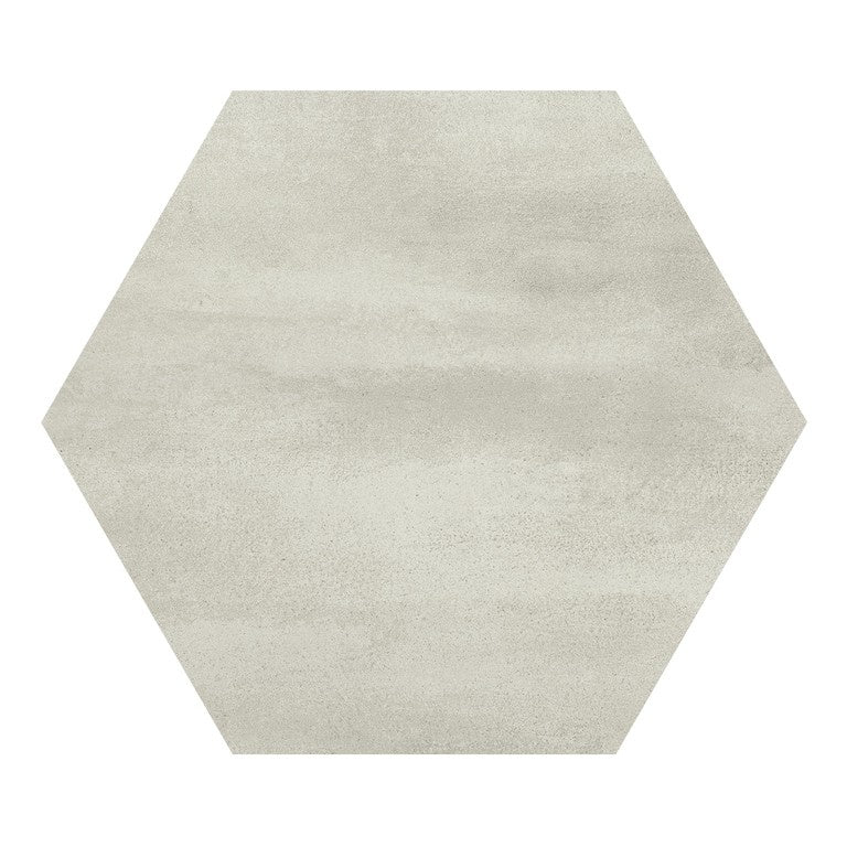 Hexagonal matte porcelain tile in luminous mercury white with urban concrete elegance and subtle metallic shimmer.