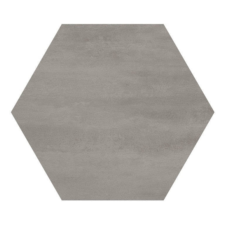 Hexagonal matte porcelain tile in cool titanium gray, evoking urban concrete with a sleek metallic shimmer and refined minimalist elegance.
